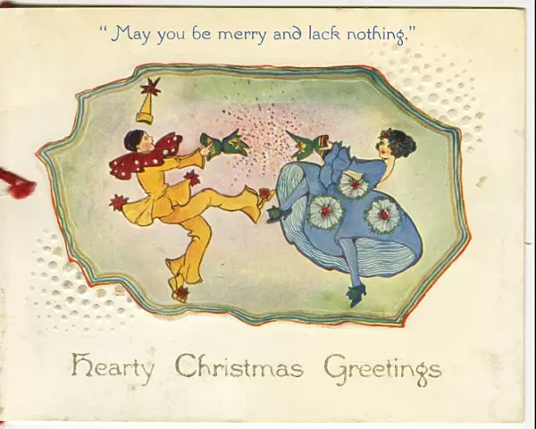 Christmas card, Clown and lady with cracker