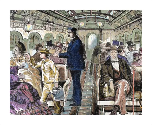 Old railroad car. Inside view with passengers. United States