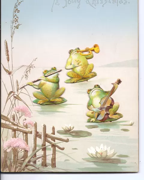 Three musical frogs on a movable Christmas card