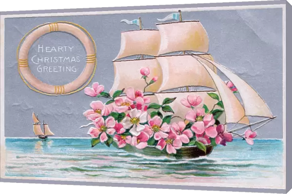 Pink flowers in a sailing ship on a Christmas postcard
