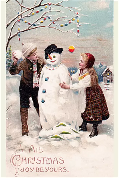 Girl and boy with snowman on a Christmas postcard