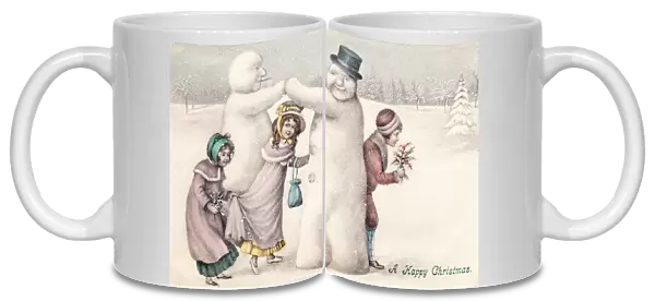 Children with snowmen on a Christmas postcard