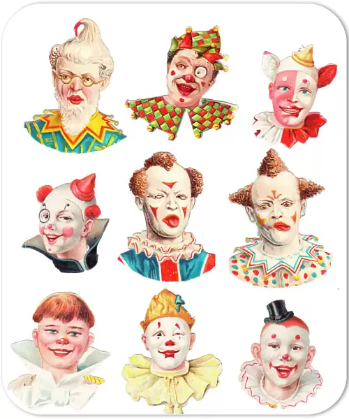 Clown heads on nine Victorian scraps