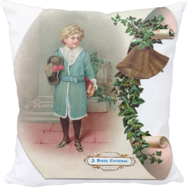 Little boy on a scroll-shaped Christmas card