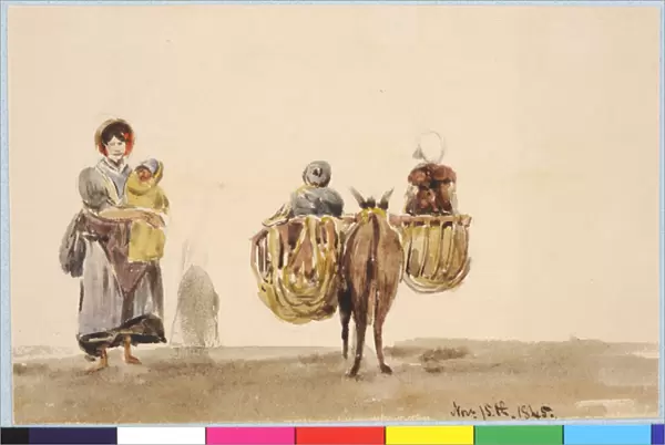 Woman with Baby, and Donkey with Panniers Carrying two Child