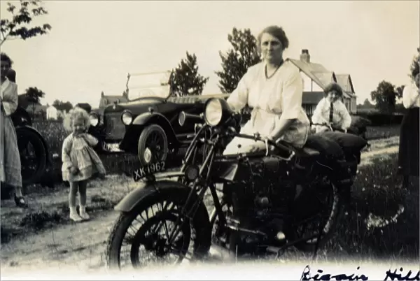 Woman on a 1922 Sunbeam motorcycle