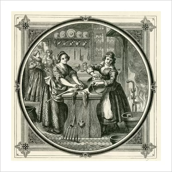 Elizabethan servants polishing saucepans