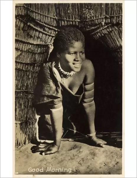 Young Zulu child, South Africa - Coming out of hut - morning