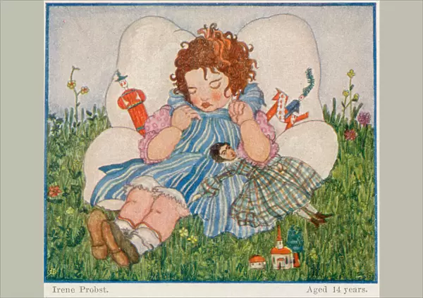 Young girl asleep surrounded by her toys by Irene Probst