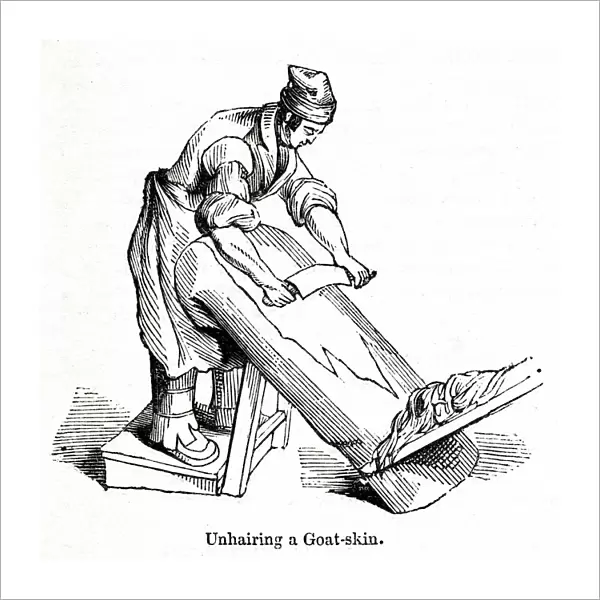 Unhairing a goatskin at a leather factory, south London 1842