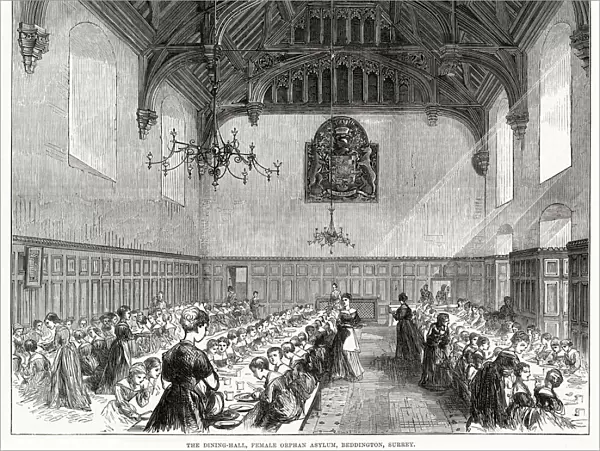 Interior in the dinning-hall, female orphan asylum in Beddington, Surrey. Date: 1875