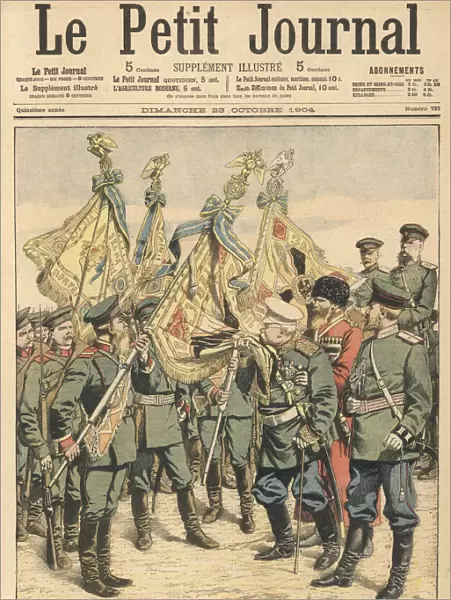 General Dragomirov kisses the Russian flag as an assurance of victory over the Japanese