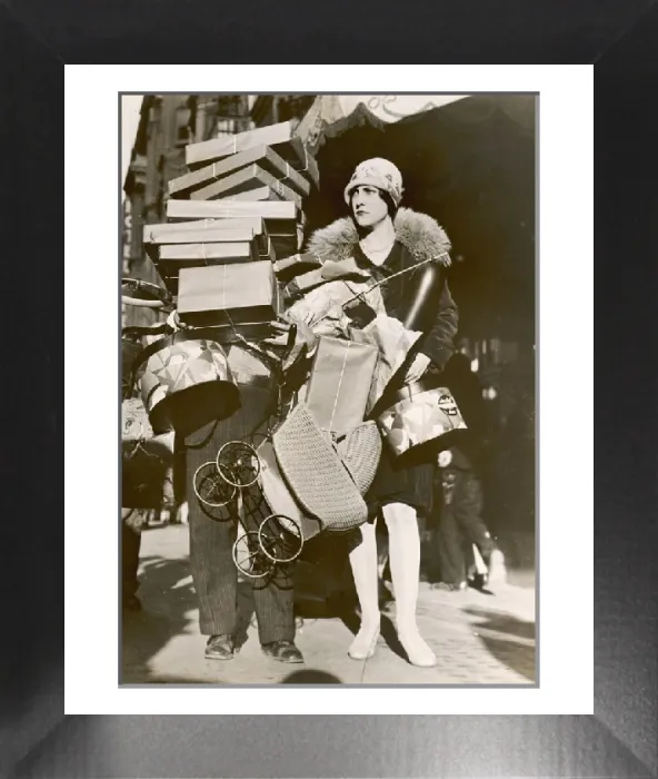 Framed Print : 1920s Woman Overwhelmed by Shopping Piled High Print Framed Print : 1920s Woman Overwhelmed by Shopping Piled High Print