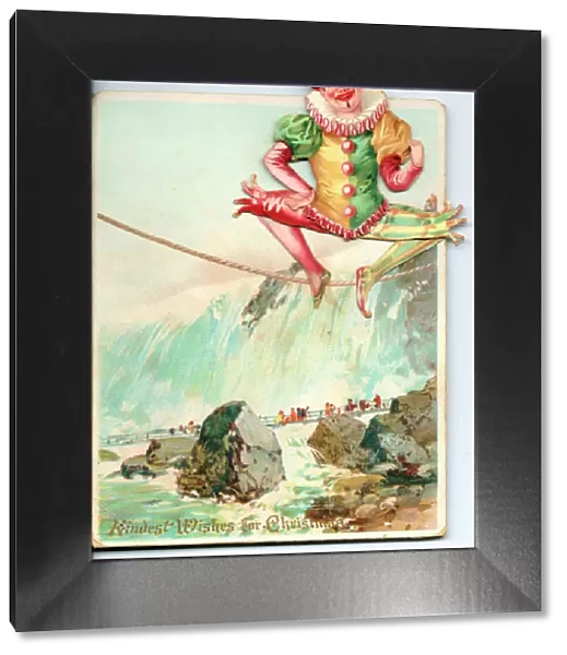 Christmas card with a clown on a tightrope