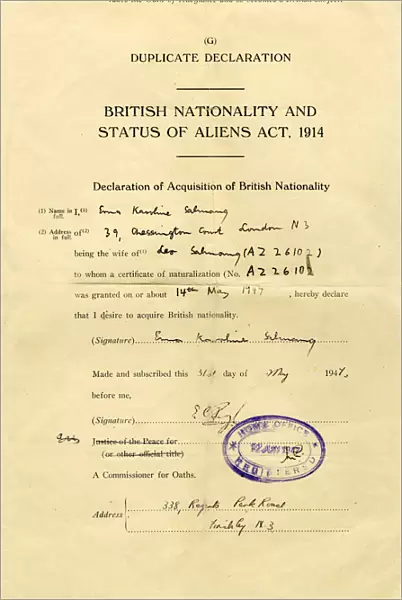 Form, British Nationality and Status of Aliens Act, 1914