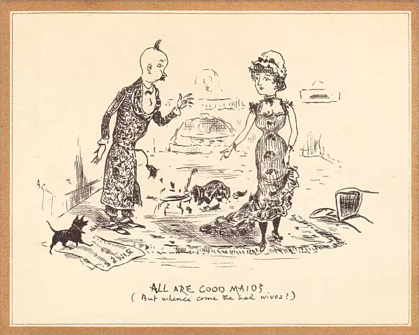 Master and maid on a sepia greetings card