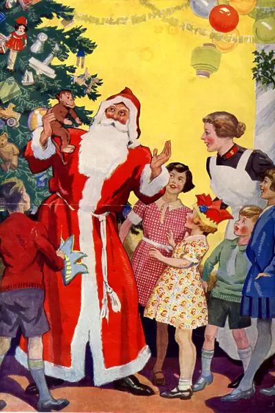 Santa Claus, children and nurse with Christmas tree