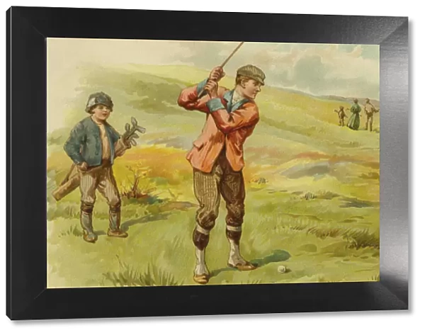 Golf. Man playing golf with a small boy as caddy. Date: circa 1900