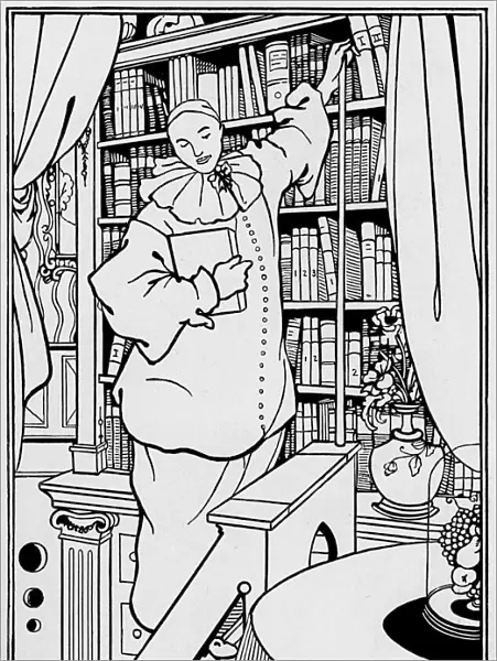 Pierrot. Illustration of Pierrot beside bookcase. Artist: Aubrey Beardsley Date: 1896