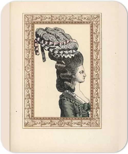 Woman in bonnet with bells and ribbons, Bonnet