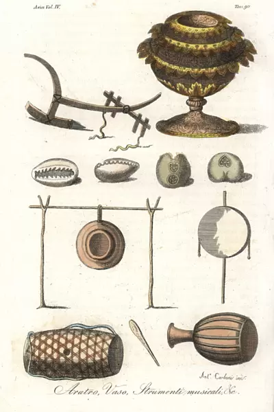 Plow, vase, money and musical instruments