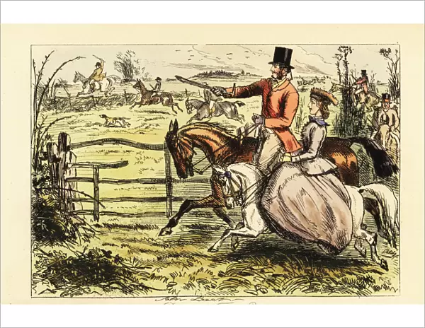 English lady riding sidesaddle in a fox hunt, 19th century