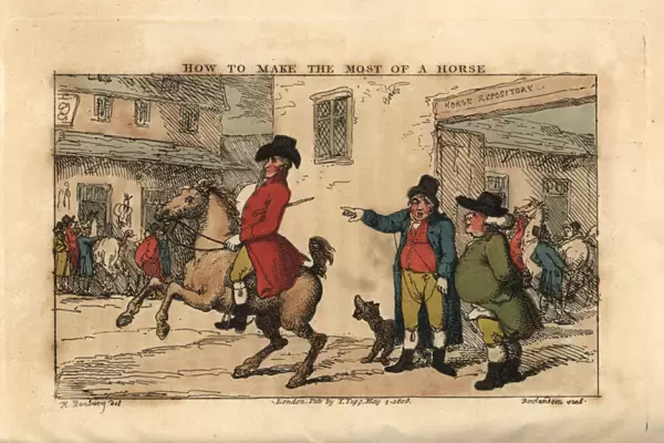 Regency gentleman riding a prancing horse in a town street