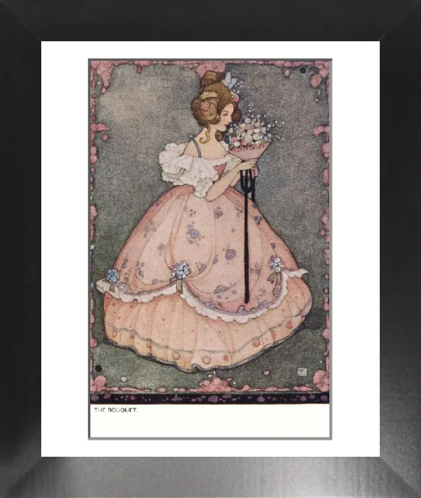Framed Print : Art Nouveau Print: Young Lady in Crinoline Holding Bouquet