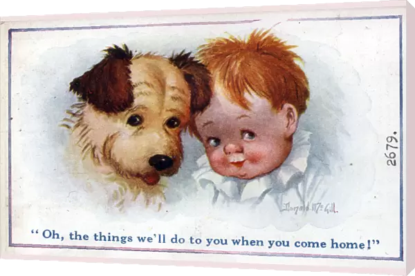 Comic postcard, Little boy and puppy, WW1