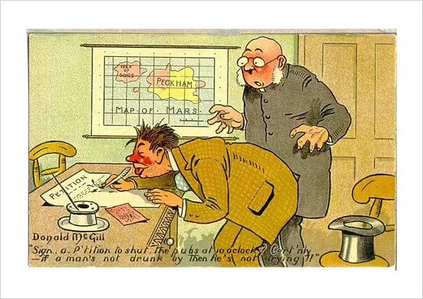 Comic postcard, Drunkard signing petition to shut the pubs at ten. Date: 20th century