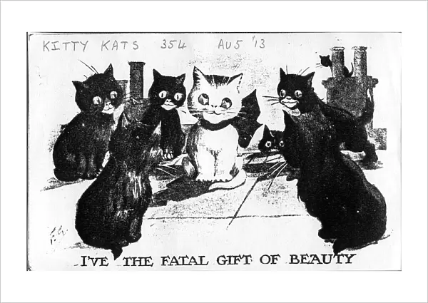 Comic postcard, Cats on a roof - I ve the fatal gift of beauty Date: 1913