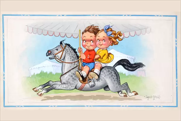 Comic postcard, Girl and boy riding on a roundabout horse Date: 20th century