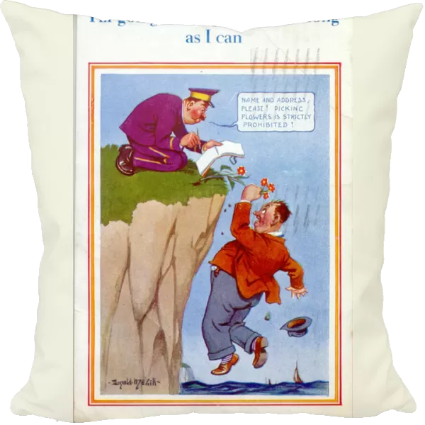 Comic postcard, Man hanging off the edge of a cliff Date: 20th century