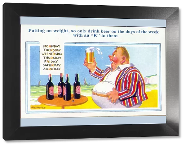 Comic postcard, Man enjoying a beer on the beach