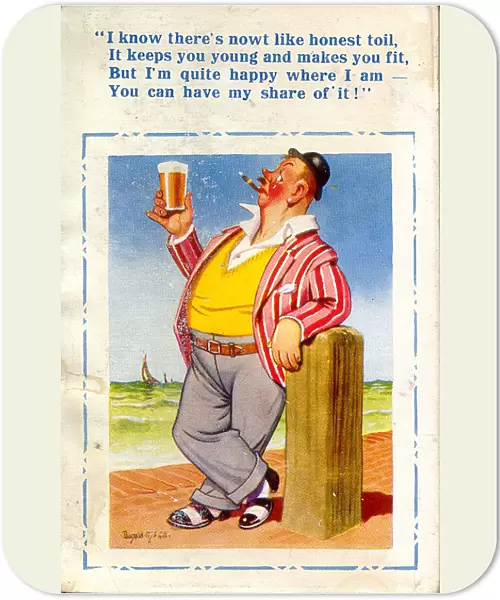 Comic postcard, Man with glass of beer at the seaside Date: 20th century