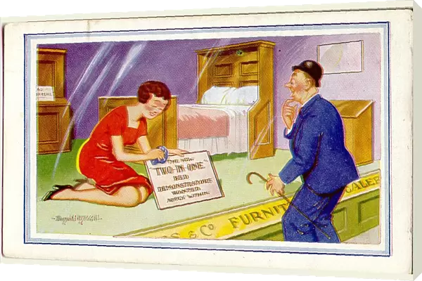 Comic postcard, Shop window display with bed