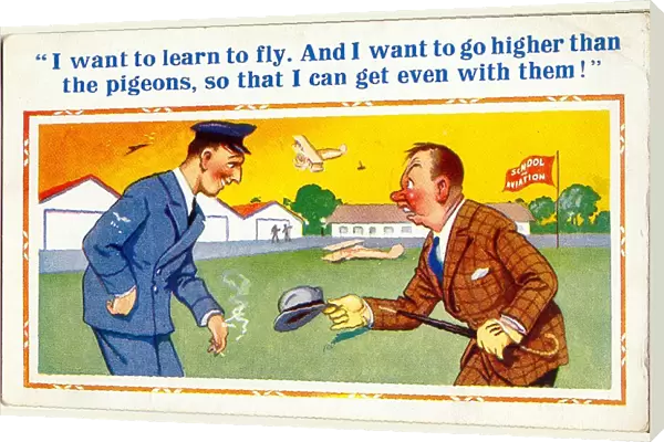 Comic postcard, Man at a school of aviation