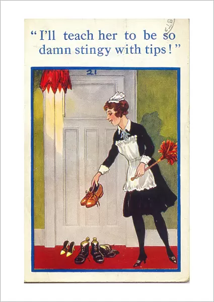 Comic postcard, Maid with boots and shoes outside hotel room Date: 20th century