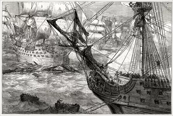 The Torbay forcing the boom at the Battle of Vigo Bay, Galicia, Spain, 23 October 1702
