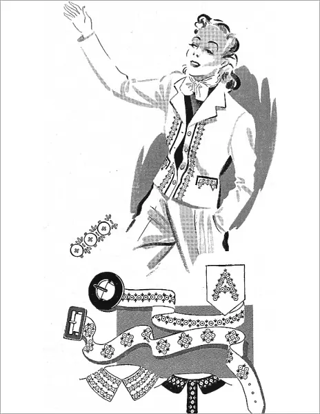 Illustration of how buttons can be used as decorative trims to garments. Date: 1940
