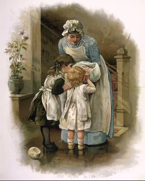 Nanny holding new baby for children to see