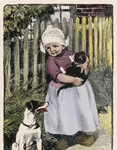 Dutch girl with cat and dog
