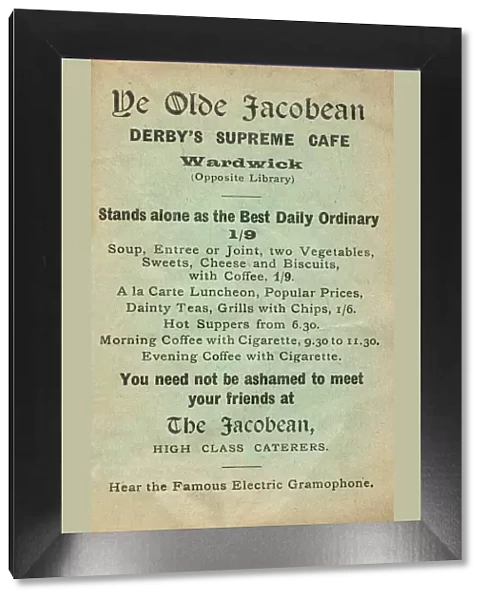 Advertisement for Ye Olde Jacobean cafe, Derby