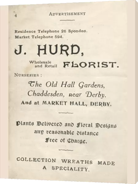Advertisement for J Hurd, Florist, Chaddesden and Derby