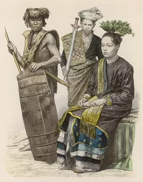 BORNEO. Three natives of Borneo: two warriors (Dyaks) and a princess