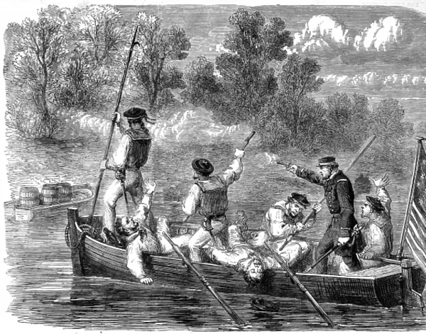 American Civil war. Confederates trapping a boats crew of t