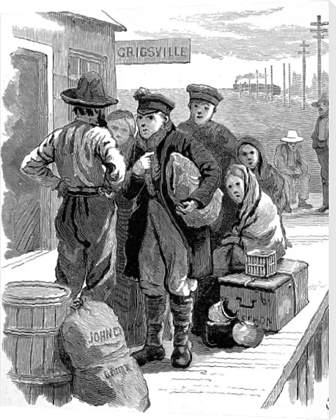 Emigrants arriving at a train station in the Mid-West of Ame