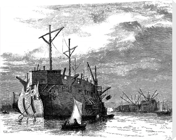 Sailing Dinghy and some Hulks, Britain, c. 1877