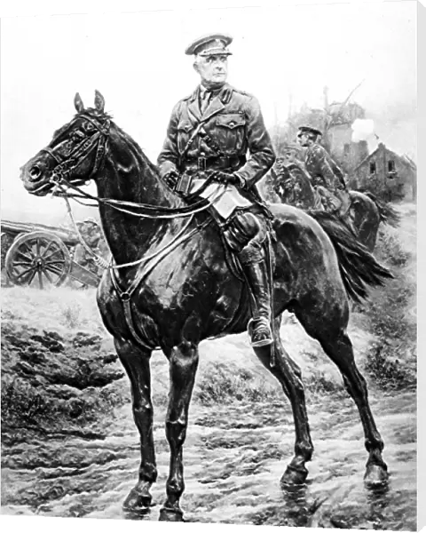 Sir Samuel Hughes on horseback; France, 1916
