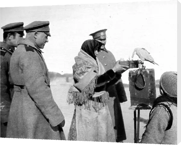 Russian soldiers seeking to know the future: A Gispys parakeet telling the mens fortunes at